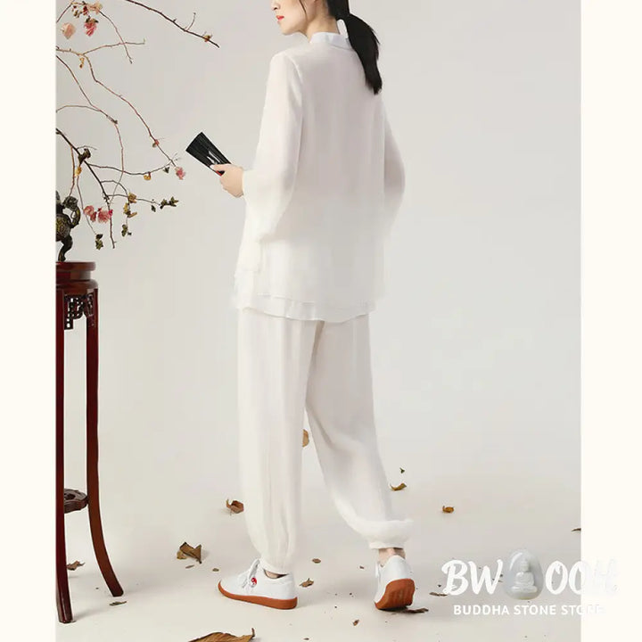 BWOOOH 2Pcs Long Sleeve Frog-Button Meditation Prayer Zen Practice Tai Chi Uniform Clothing Women’s Set - Clothes