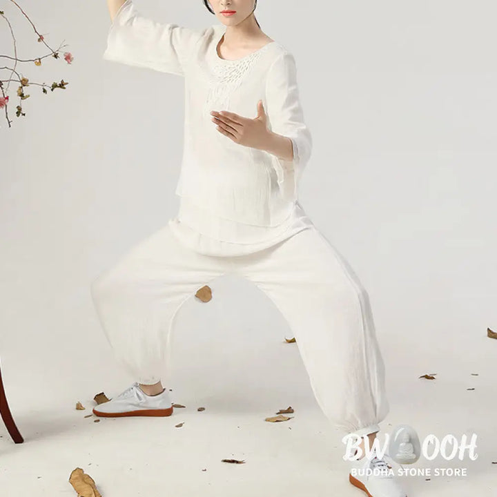 BWOOOH 2Pcs Long Sleeve Frog-Button Meditation Prayer Zen Practice Tai Chi Uniform Clothing Women’s Set - Clothes