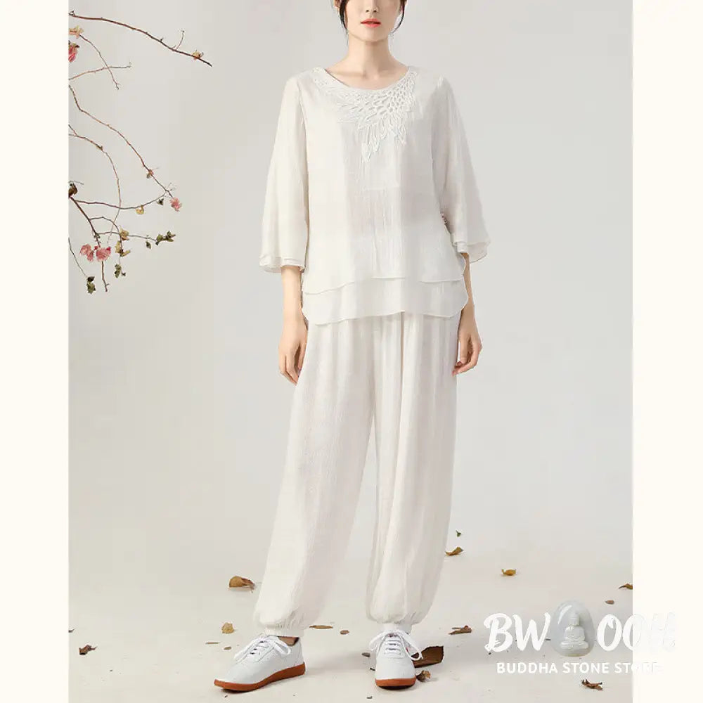 BWOOOH 2Pcs Long Sleeve Frog-Button Meditation Prayer Zen Practice Tai Chi Uniform Clothing Women’s Set - Clothes