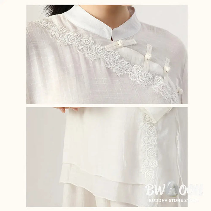 BWOOOH 2Pcs Long Sleeve Frog-Button Meditation Prayer Zen Practice Tai Chi Uniform Clothing Women’s Set - Clothes