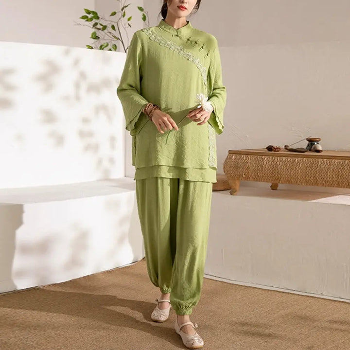 BWOOOH 2Pcs Long Sleeve Frog-Button Meditation Prayer Zen Practice Tai Chi Uniform Clothing Women’s Set - Green Side