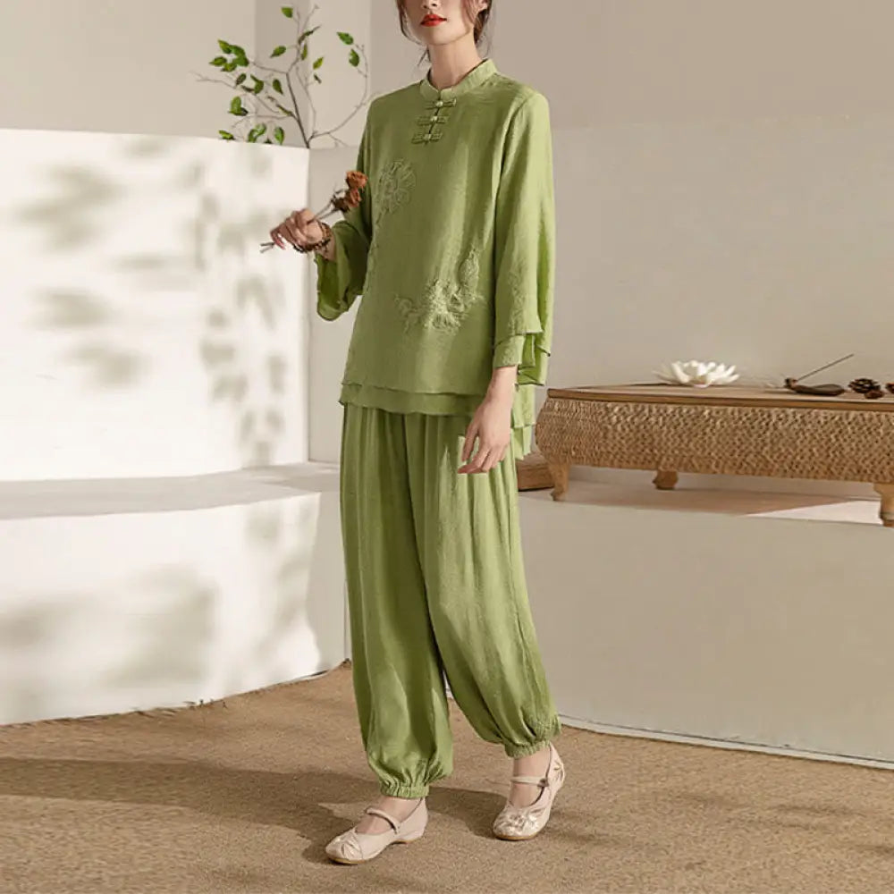 BWOOOH 2Pcs Long Sleeve Frog-Button Meditation Prayer Zen Practice Tai Chi Uniform Clothing Women’s Set - Green Stand