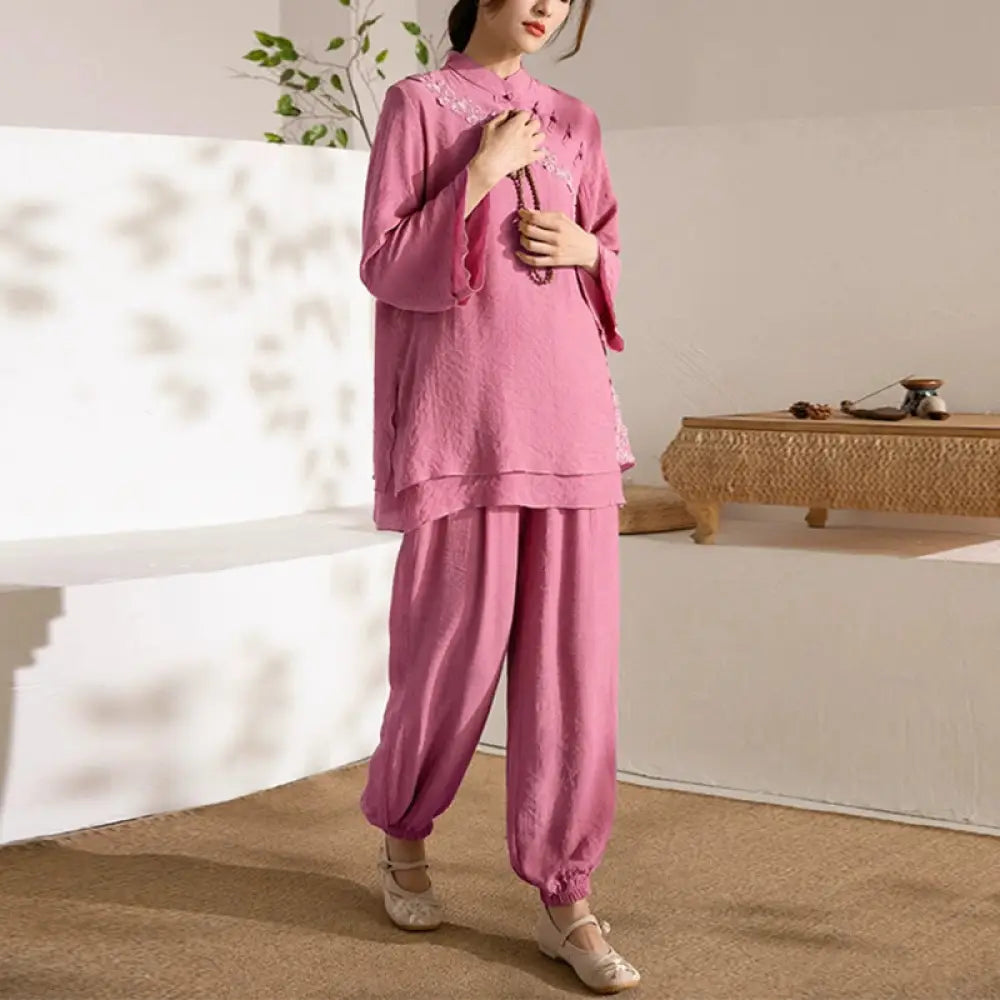 BWOOOH 2Pcs Long Sleeve Frog-Button Meditation Prayer Zen Practice Tai Chi Uniform Clothing Women’s Set - Rose Red Side