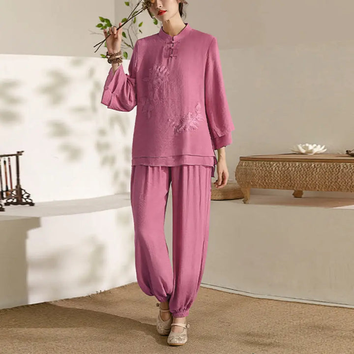 BWOOOH 2Pcs Long Sleeve Frog-Button Meditation Prayer Zen Practice Tai Chi Uniform Clothing Women’s Set - Rose Red