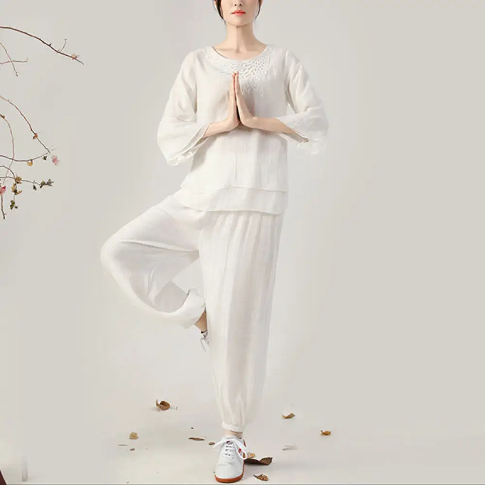 BWOOOH 2Pcs Long Sleeve Frog-Button Meditation Prayer Zen Practice Tai Chi Uniform Clothing Women’s Set - White