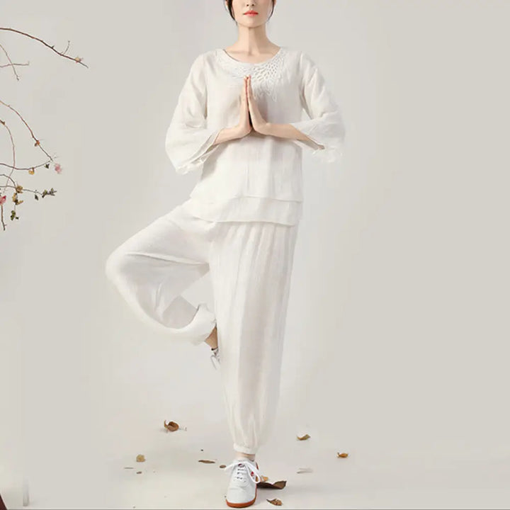BWOOOH 2Pcs Long Sleeve Frog-Button Meditation Prayer Zen Practice Tai Chi Uniform Clothing Women’s Set - White