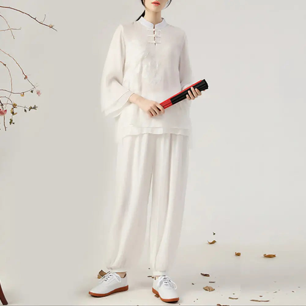 BWOOOH 2Pcs Long Sleeve Frog-Button Meditation Prayer Zen Practice Tai Chi Uniform Clothing Women’s Set - White Stand