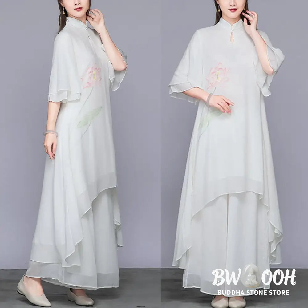 BWOOOH 2Pcs Lotus Flower Cheongsam Midi Dress Wide Leg Pants Chiffon Zen Women’s Set - Women’s Meditation Cloth