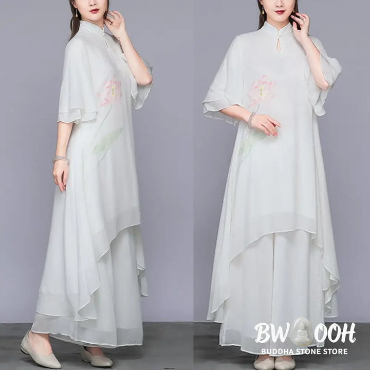 BWOOOH 2Pcs Lotus Flower Cheongsam Midi Dress Wide Leg Pants Chiffon Zen Women’s Set - Women’s Meditation Cloth