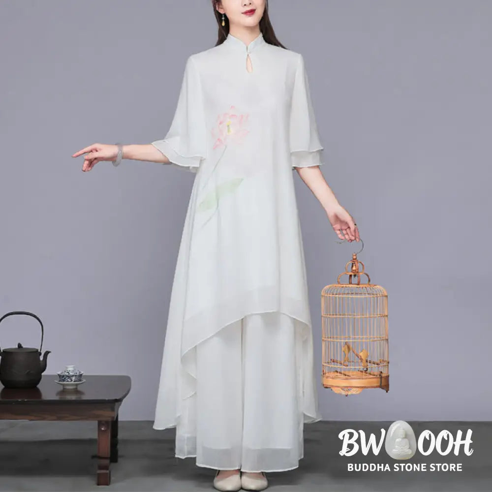 BWOOOH 2Pcs Lotus Flower Cheongsam Midi Dress Wide Leg Pants Chiffon Zen Women’s Set - Women’s Meditation Cloth
