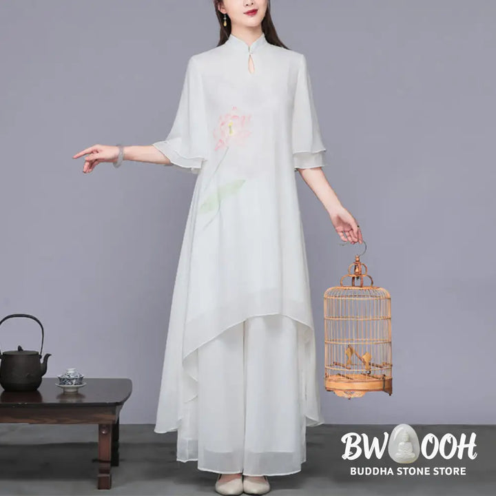 BWOOOH 2Pcs Lotus Flower Cheongsam Midi Dress Wide Leg Pants Chiffon Zen Women’s Set - Women’s Meditation Cloth