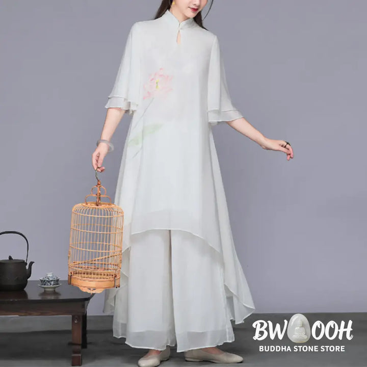 BWOOOH 2Pcs Lotus Flower Cheongsam Midi Dress Wide Leg Pants Chiffon Zen Women’s Set - Women’s Meditation Cloth