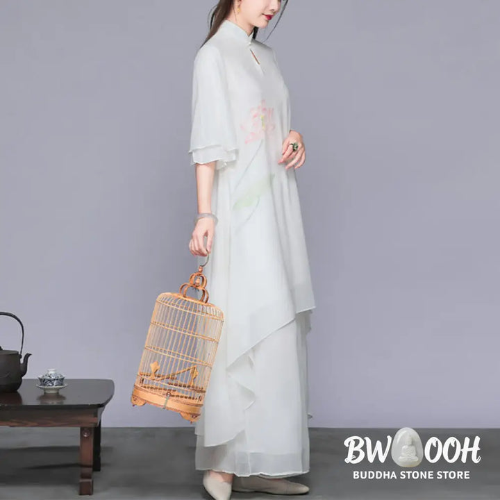BWOOOH 2Pcs Lotus Flower Cheongsam Midi Dress Wide Leg Pants Chiffon Zen Women’s Set - Women’s Meditation Cloth
