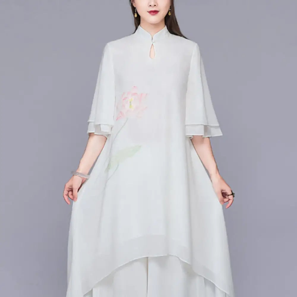BWOOOH 2Pcs Lotus Flower Cheongsam Midi Dress Wide Leg Pants Chiffon Zen Women’s Set - Dress(Dress Only)
