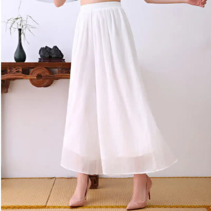 BWOOOH 2Pcs Lotus Flower Cheongsam Midi Dress Wide Leg Pants Chiffon Zen Women’s Set - Pants / US2，UK/AU6，EU34 (S)