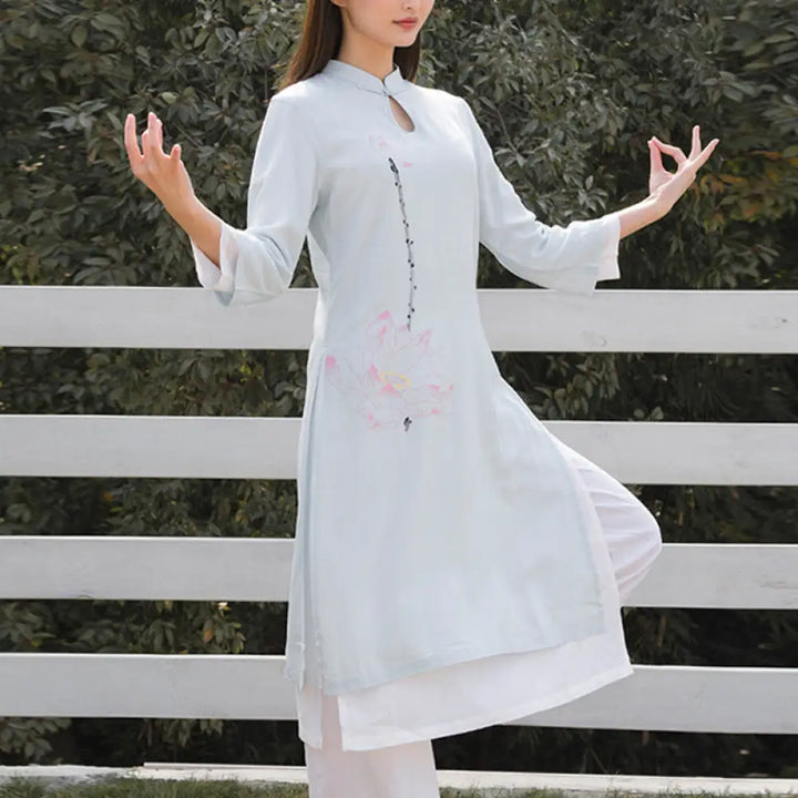 BWOOOH 2Pcs Lotus Pattern Tai Chi Meditation Yoga Cotton Linen Clothing Top Pants Women’s Set (Extra 30% Off | USE