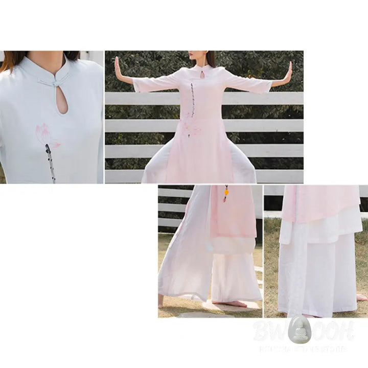 BWOOOH 2Pcs Lotus Pattern Tai Chi Meditation Yoga Cotton Linen Clothing Top Pants Women’s Set (Extra 30% Off | USE