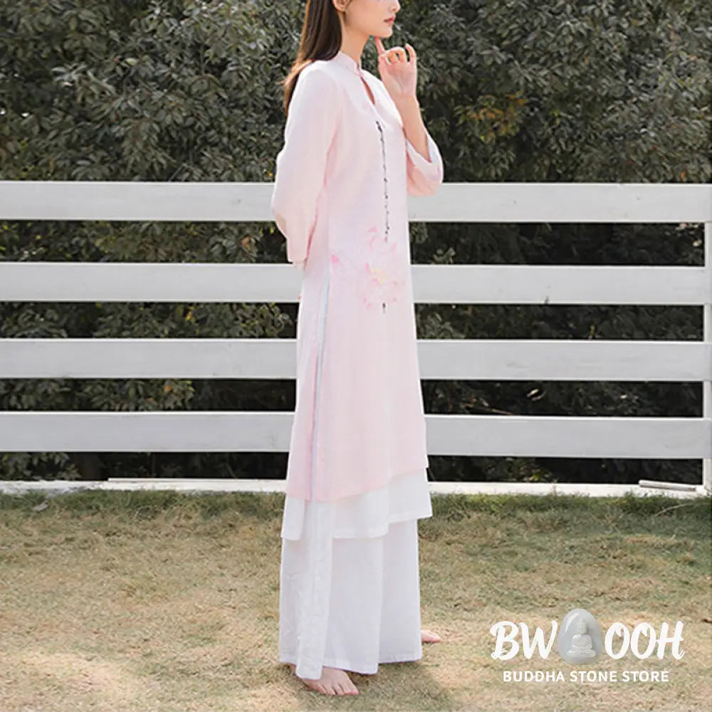 BWOOOH 2Pcs Lotus Pattern Tai Chi Meditation Yoga Cotton Linen Clothing Top Pants Women’s Set (Extra 30% Off | USE