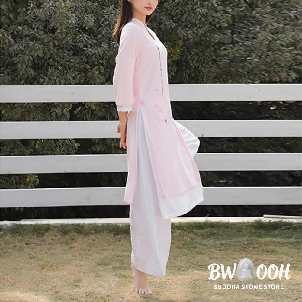 BWOOOH 2Pcs Lotus Pattern Tai Chi Meditation Yoga Cotton Linen Clothing Top Pants Women’s Set (Extra 30% Off | USE