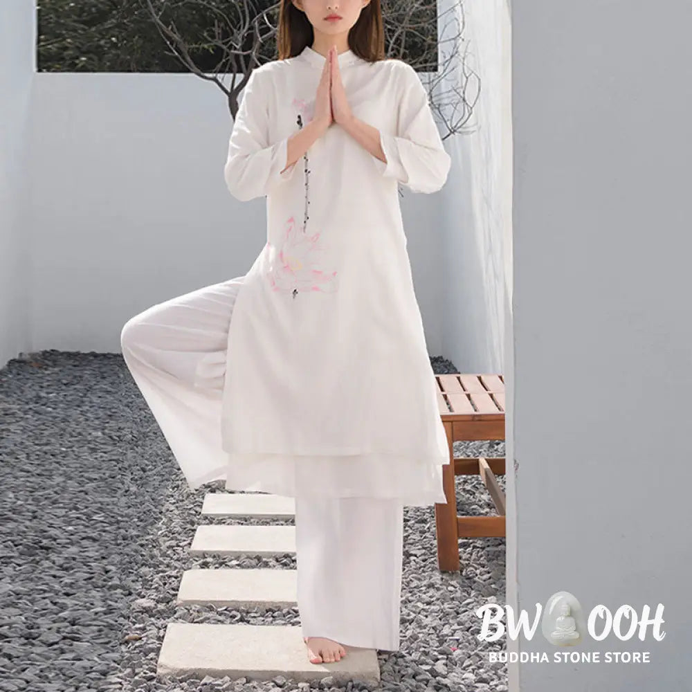 BWOOOH 2Pcs Lotus Pattern Tai Chi Meditation Yoga Cotton Linen Clothing Top Pants Women’s Set (Extra 30% Off | USE