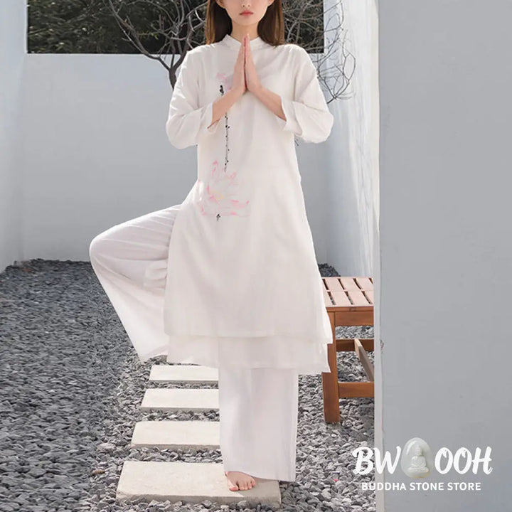 BWOOOH 2Pcs Lotus Pattern Tai Chi Meditation Yoga Cotton Linen Clothing Top Pants Women’s Set (Extra 30% Off | USE