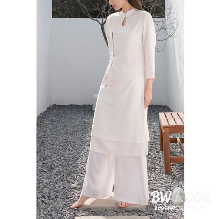 BWOOOH 2Pcs Lotus Pattern Tai Chi Meditation Yoga Cotton Linen Clothing Top Pants Women’s Set (Extra 30% Off | USE