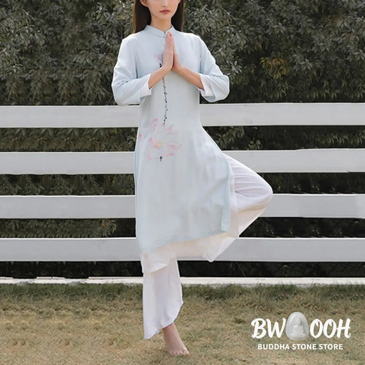 BWOOOH 2Pcs Lotus Pattern Tai Chi Meditation Yoga Cotton Linen Clothing Top Pants Women’s Set (Extra 30% Off | USE