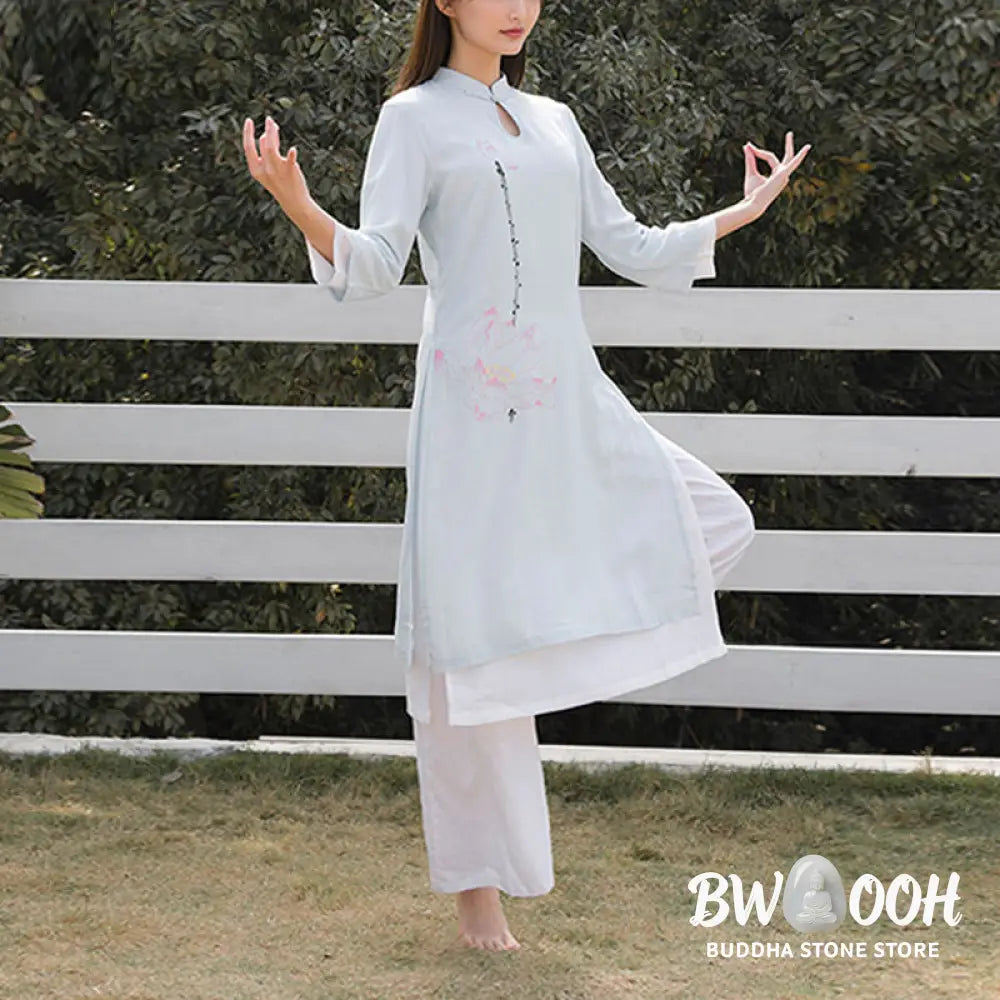 BWOOOH 2Pcs Lotus Pattern Tai Chi Meditation Yoga Cotton Linen Clothing Top Pants Women’s Set (Extra 30% Off | USE