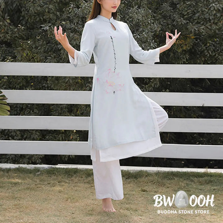 BWOOOH 2Pcs Lotus Pattern Tai Chi Meditation Yoga Cotton Linen Clothing Top Pants Women’s Set (Extra 30% Off | USE