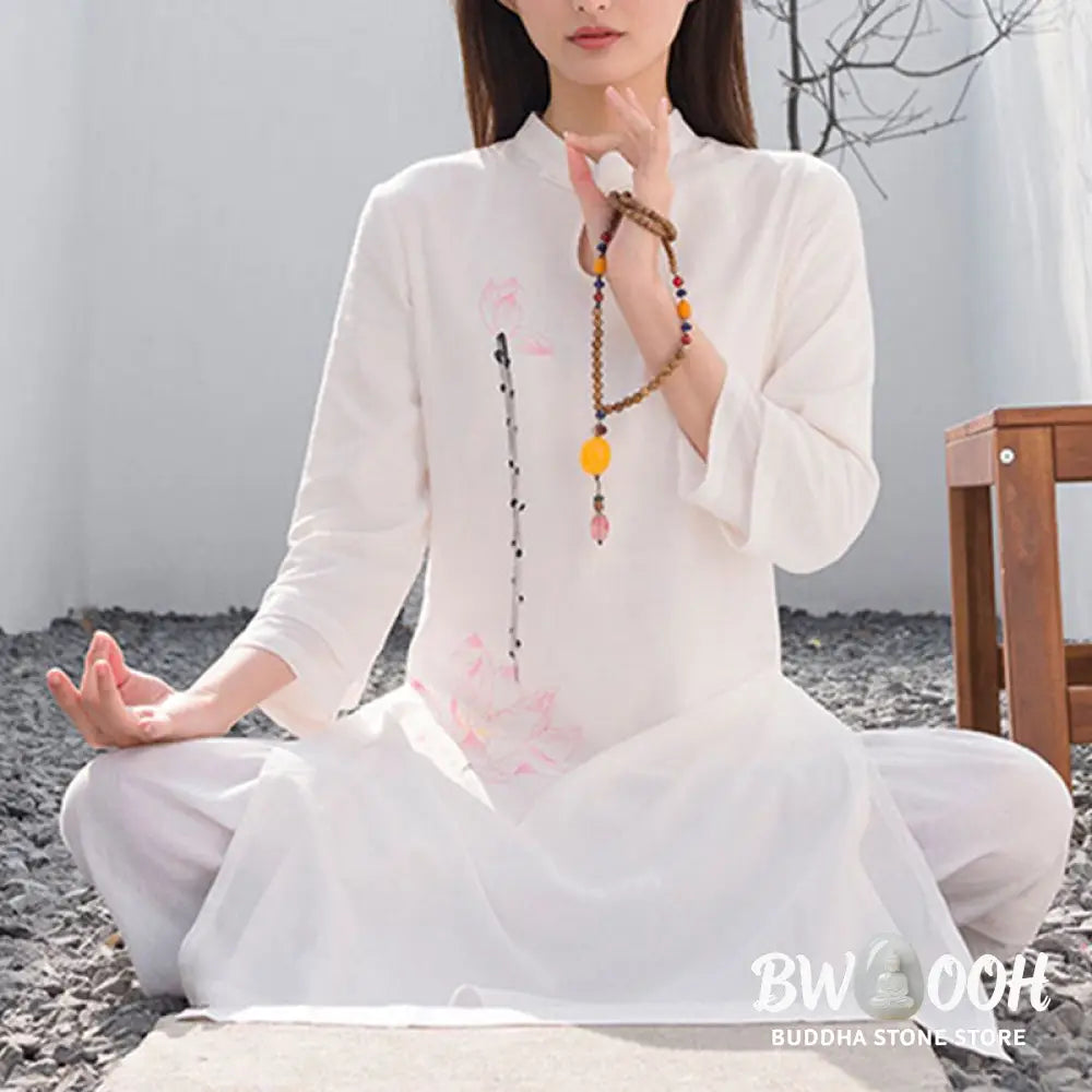 BWOOOH 2Pcs Lotus Pattern Tai Chi Meditation Yoga Cotton Linen Clothing Top Pants Women’s Set (Extra 30% Off | USE