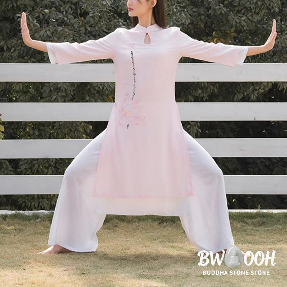 BWOOOH 2Pcs Lotus Pattern Tai Chi Meditation Yoga Cotton Linen Clothing Top Pants Women’s Set (Extra 30% Off | USE