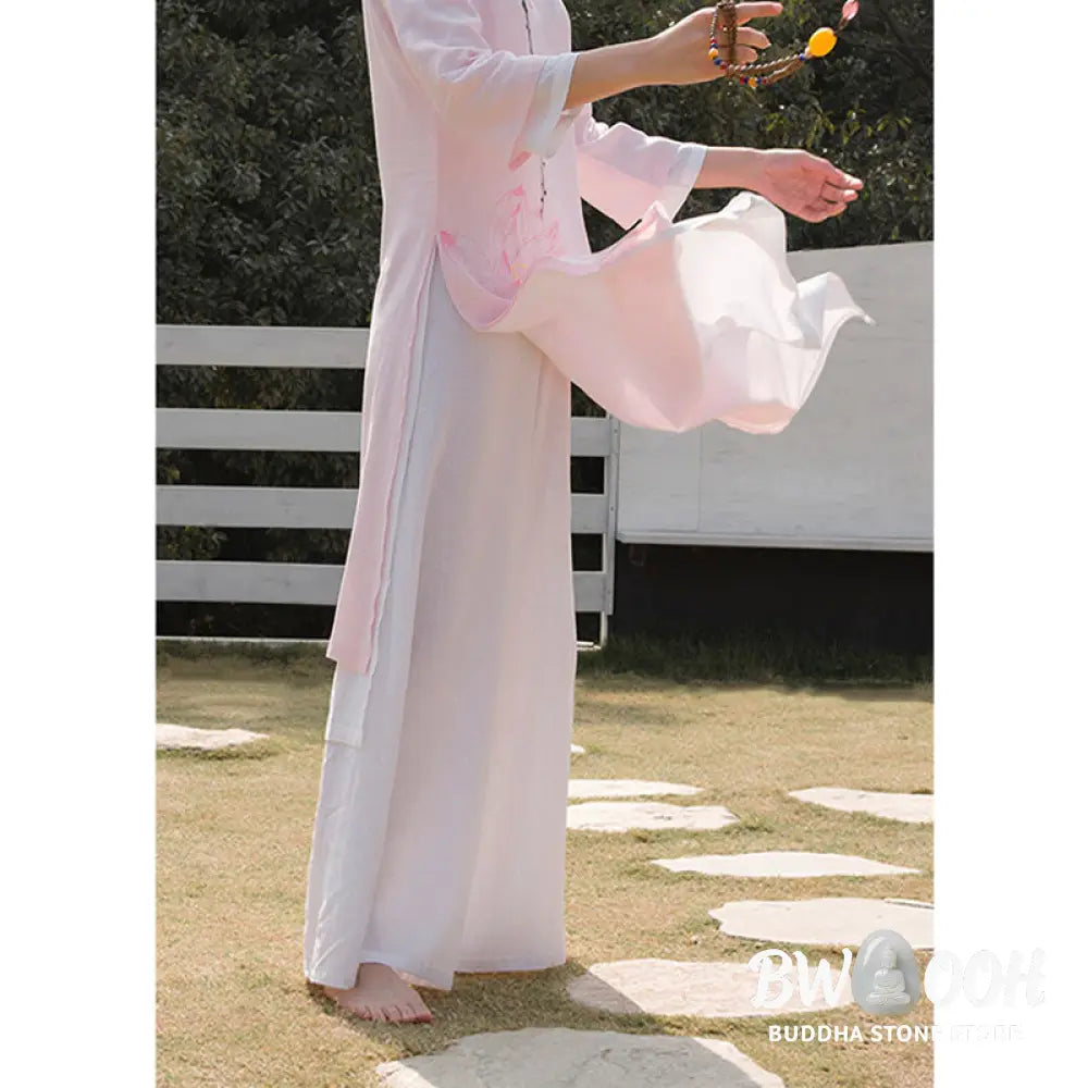 BWOOOH 2Pcs Lotus Pattern Tai Chi Meditation Yoga Cotton Linen Clothing Top Pants Women’s Set (Extra 30% Off | USE
