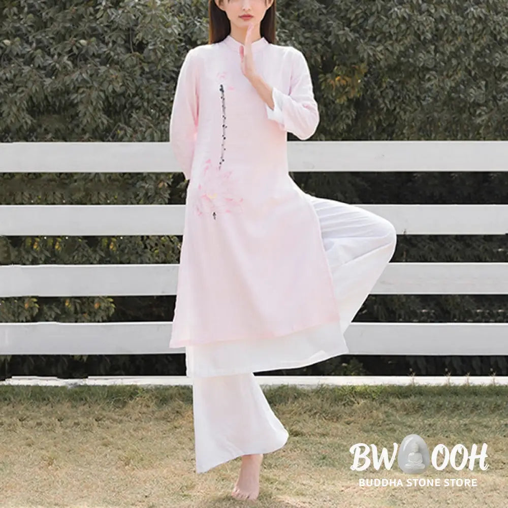 BWOOOH 2Pcs Lotus Pattern Tai Chi Meditation Yoga Cotton Linen Clothing Top Pants Women’s Set (Extra 30% Off | USE