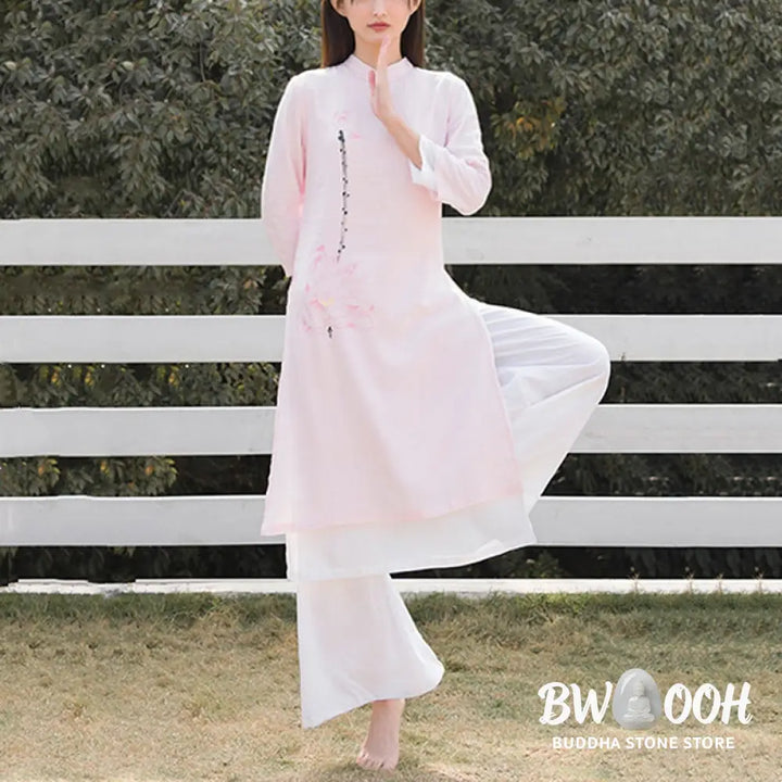 BWOOOH 2Pcs Lotus Pattern Tai Chi Meditation Yoga Cotton Linen Clothing Top Pants Women’s Set (Extra 30% Off | USE
