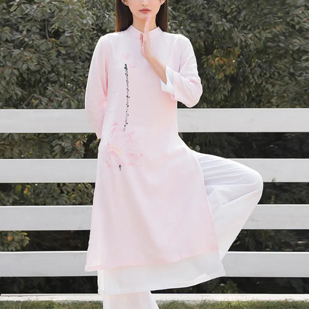 BWOOOH 2Pcs Lotus Pattern Tai Chi Meditation Yoga Cotton Linen Clothing Top Pants Women’s Set (Extra 30% Off | USE