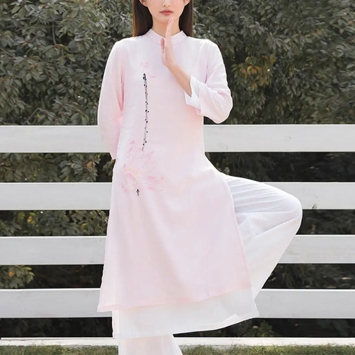 BWOOOH 2Pcs Lotus Pattern Tai Chi Meditation Yoga Cotton Linen Clothing Top Pants Women’s Set (Extra 30% Off | USE