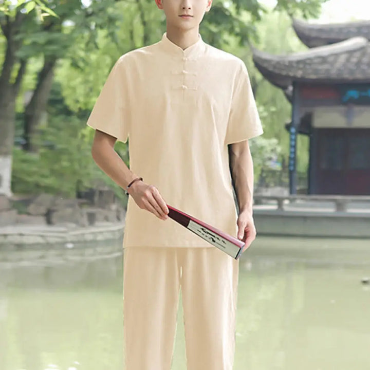 BWOOOH 2Pcs Men’s Short Sleeve Shirt Top T-Shirt Pants Meditation Zen Tai Chi Cotton Linen Clothing Set