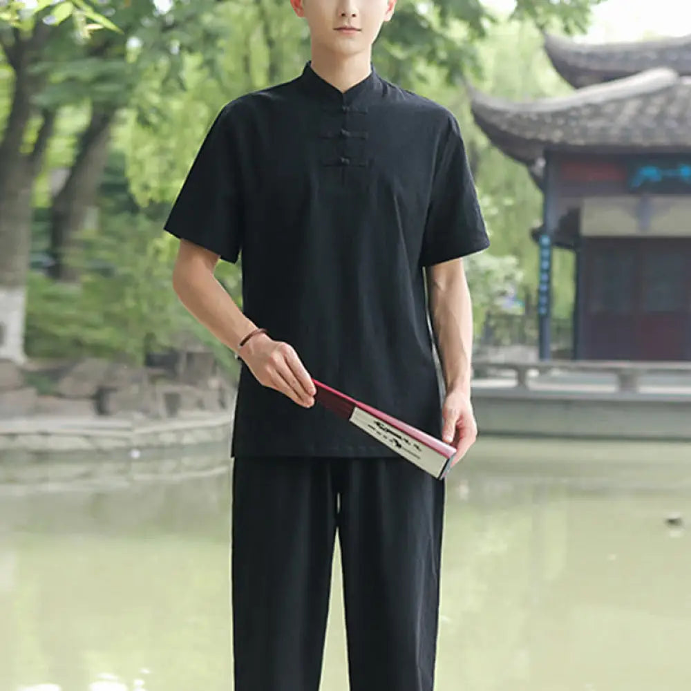 BWOOOH 2Pcs Men’s Short Sleeve Shirt Top T-Shirt Pants Meditation Zen Tai Chi Cotton Linen Clothing Set