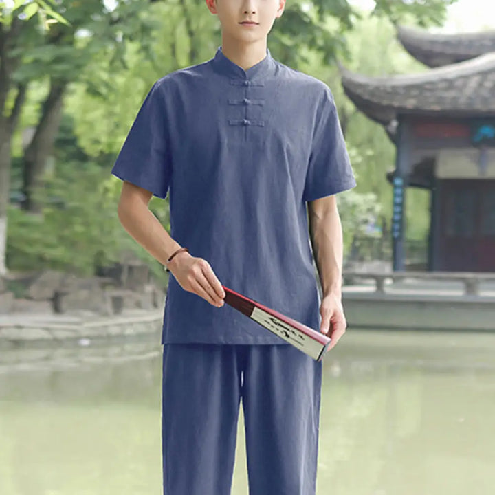 BWOOOH 2Pcs Men’s Short Sleeve Shirt Top T-Shirt Pants Meditation Zen Tai Chi Cotton Linen Clothing Set