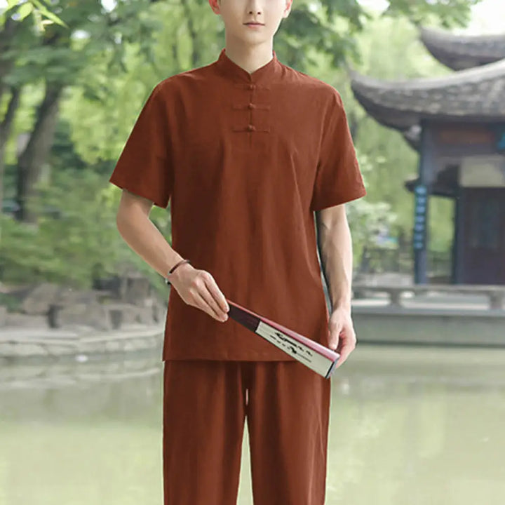 BWOOOH 2Pcs Men’s Short Sleeve Shirt Top T-Shirt Pants Meditation Zen Tai Chi Cotton Linen Clothing Set