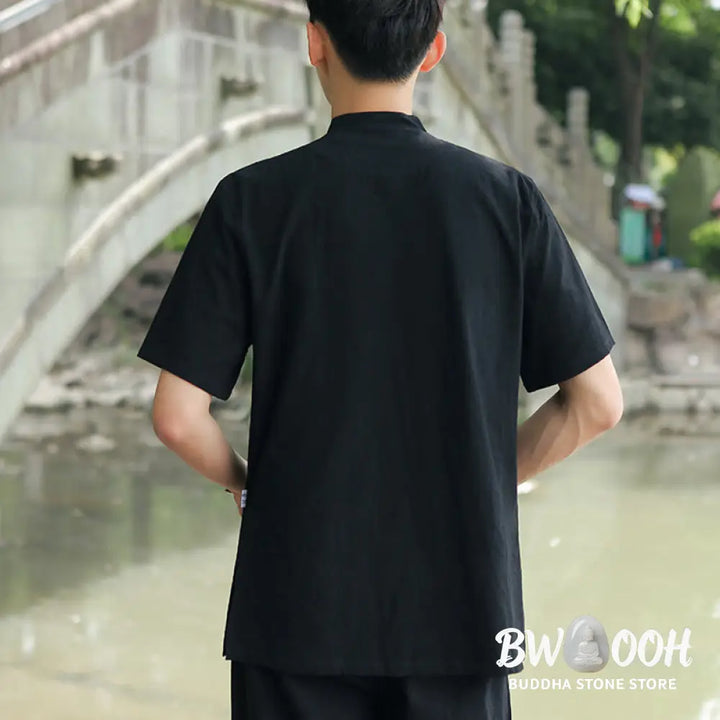 BWOOOH 2Pcs Men’s Short Sleeve Shirt Top T-Shirt Pants Meditation Zen Tai Chi Cotton Linen Clothing Set - Men’s
