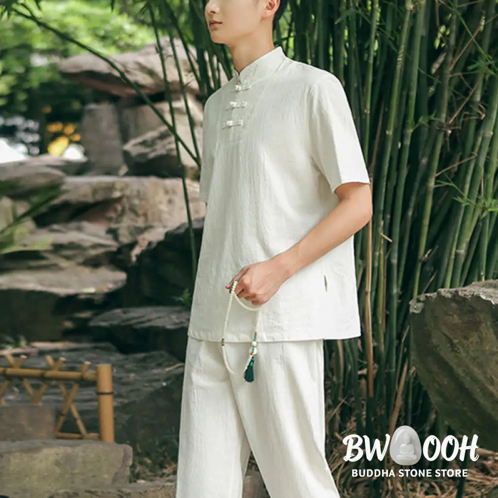 BWOOOH 2Pcs Men’s Short Sleeve Shirt Top T-Shirt Pants Meditation Zen Tai Chi Cotton Linen Clothing Set - Men’s