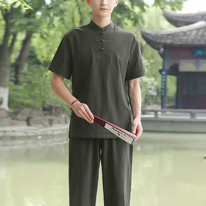 BWOOOH 2Pcs Men’s Short Sleeve Shirt Top T-Shirt Pants Meditation Zen Tai Chi Cotton Linen Clothing Set - Dark