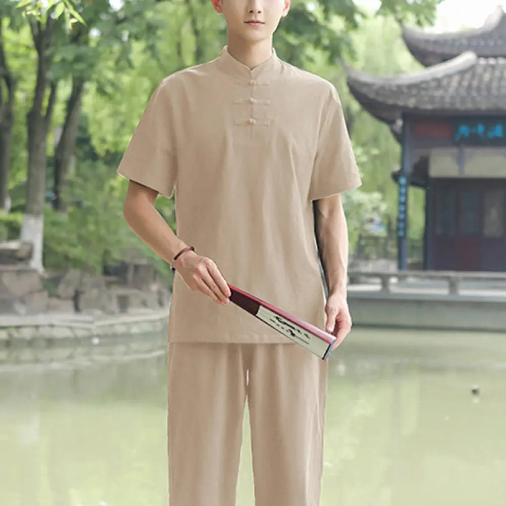 BWOOOH 2Pcs Men’s Short Sleeve Shirt Top T-Shirt Pants Meditation Zen Tai Chi Cotton Linen Clothing Set