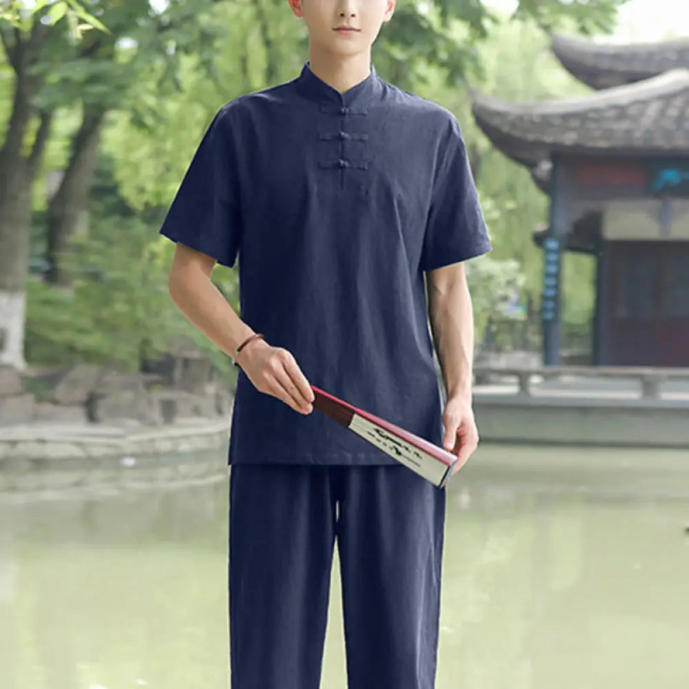 BWOOOH 2Pcs Men’s Short Sleeve Shirt Top T-Shirt Pants Meditation Zen Tai Chi Cotton Linen Clothing Set - Navy