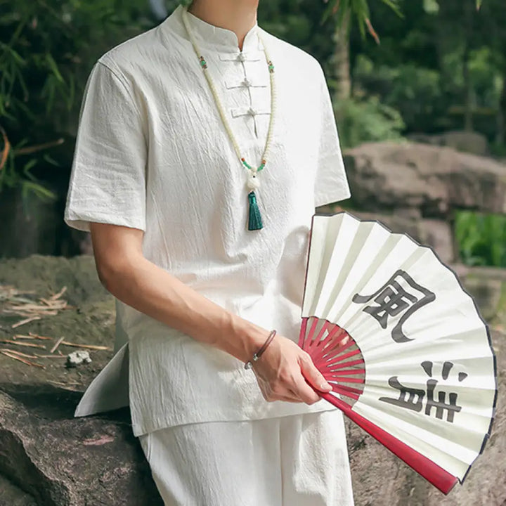 BWOOOH 2Pcs Men’s Short Sleeve Shirt Top T-Shirt Pants Meditation Zen Tai Chi Cotton Linen Clothing Set