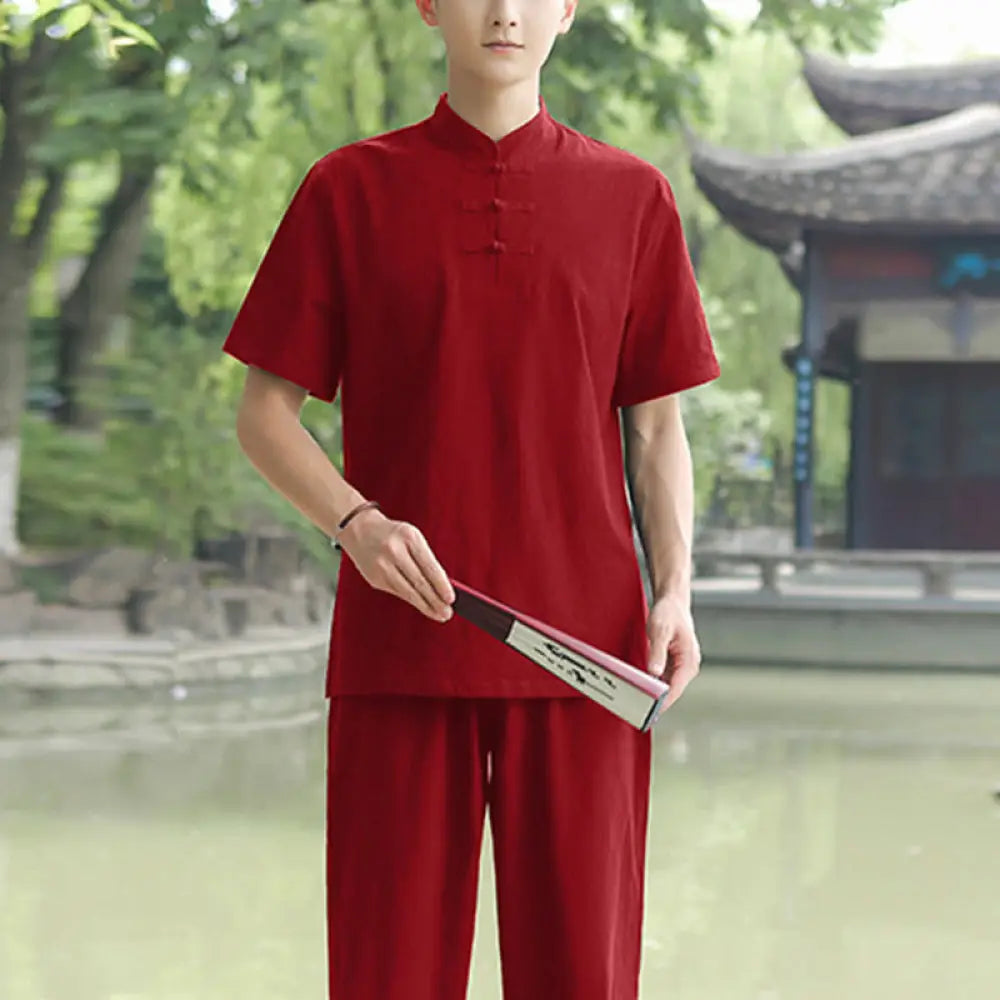 BWOOOH 2Pcs Men’s Short Sleeve Shirt Top T-Shirt Pants Meditation Zen Tai Chi Cotton Linen Clothing Set - Wine Red(Top