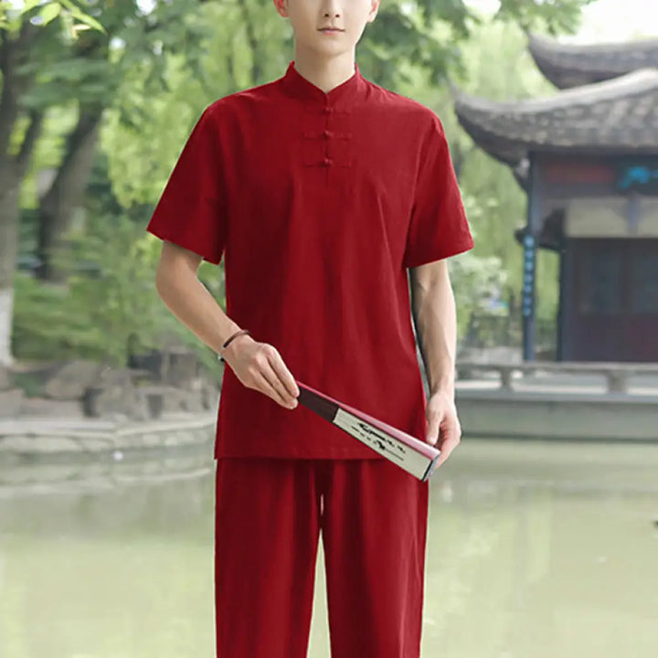 BWOOOH 2Pcs Men’s Short Sleeve Shirt Top T-Shirt Pants Meditation Zen Tai Chi Cotton Linen Clothing Set - Wine Red(Top