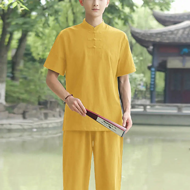BWOOOH 2Pcs Men’s Short Sleeve Shirt Top T-Shirt Pants Meditation Zen Tai Chi Cotton Linen Clothing Set