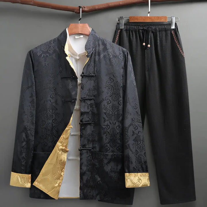 BWOOOH 2Pcs Men’s Tang Suit Koi Fish Pattern Frog-Button Long Sleeve Shirt Pants Set - Black / US/UK/AU36，EU46 (L)